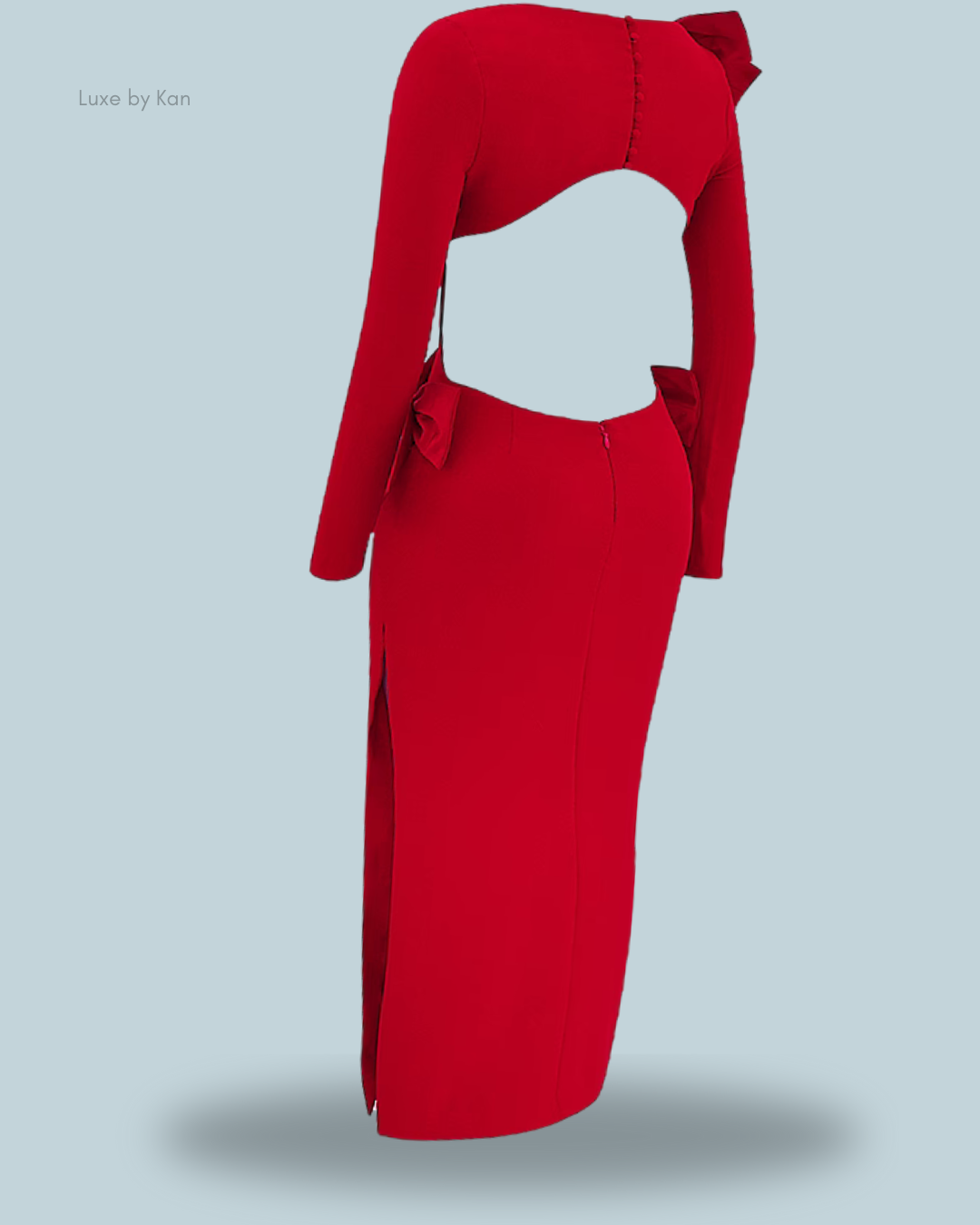 A stylish House of CB Lavele red bow maxi dress featuring long sleeves, an open back, and elegant bow accents at the hips.