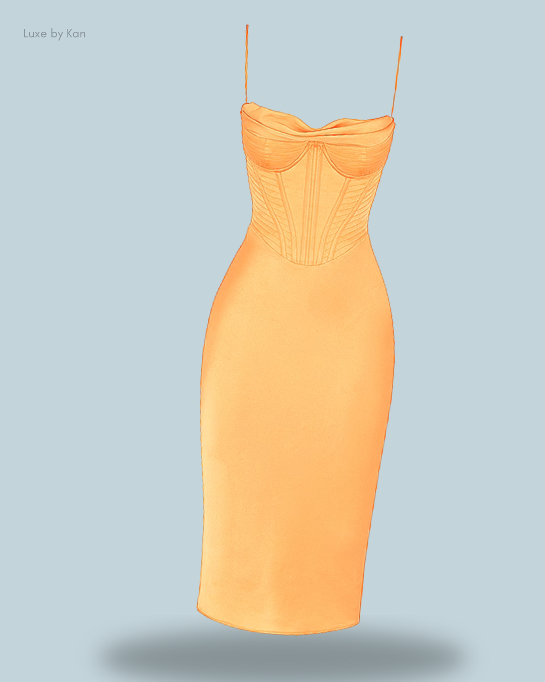 A stylish House of CB Myrna crystal satin corset midi dress featuring a structured bustier top, slender straps, and a sleek, fitted silhouette.