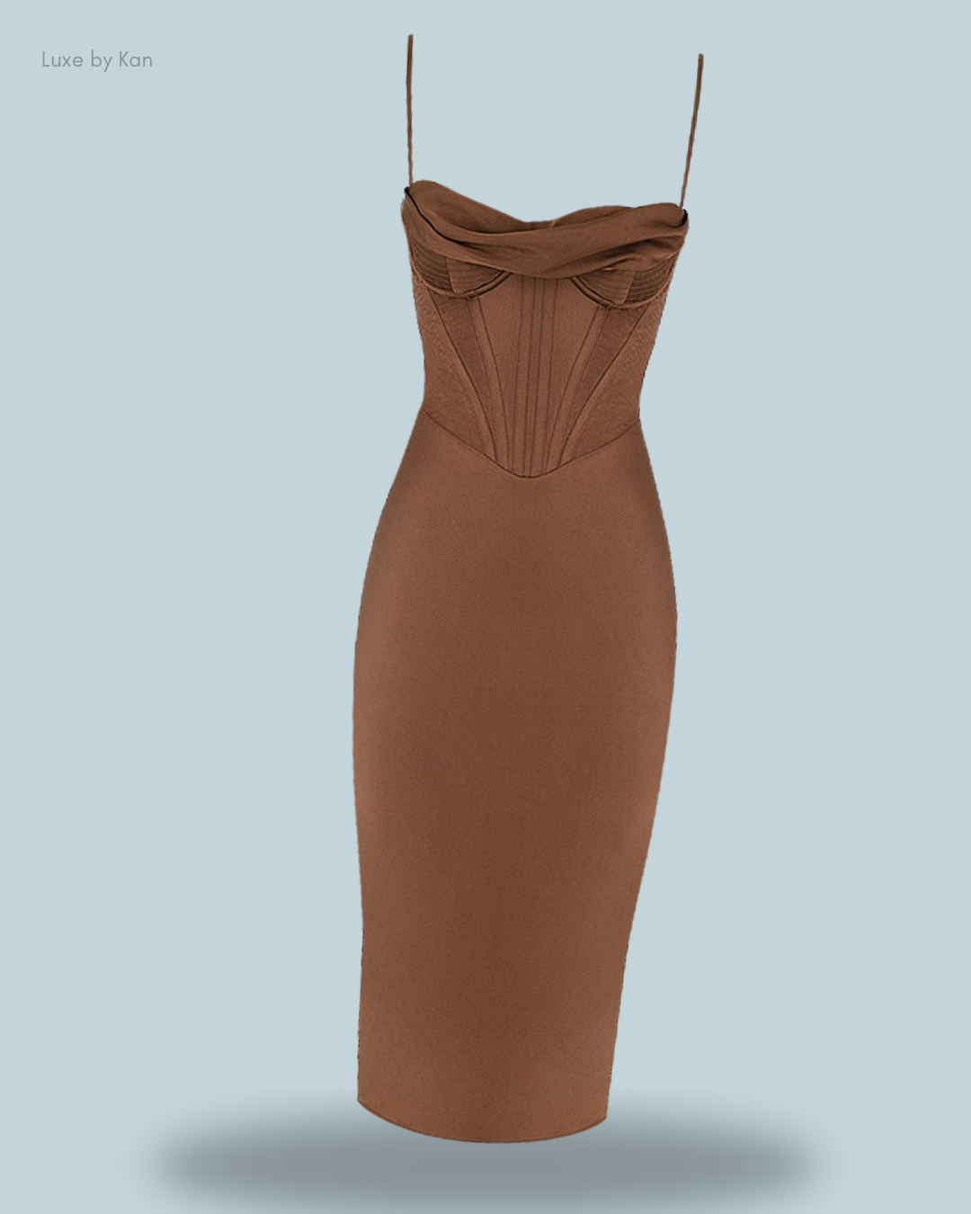 Stylish brown bodycon dress with a sweetheart neckline and delicate spaghetti straps.
