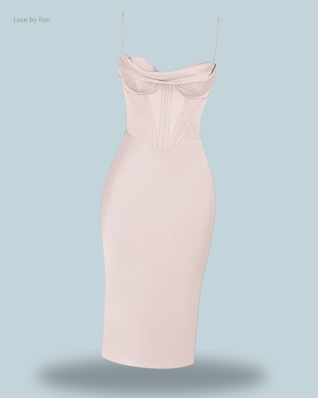 Blush pink Myrna crystal bodycon dress featuring a structured satin corset bodice and thin straps for an elegant, figure-hugging look.
