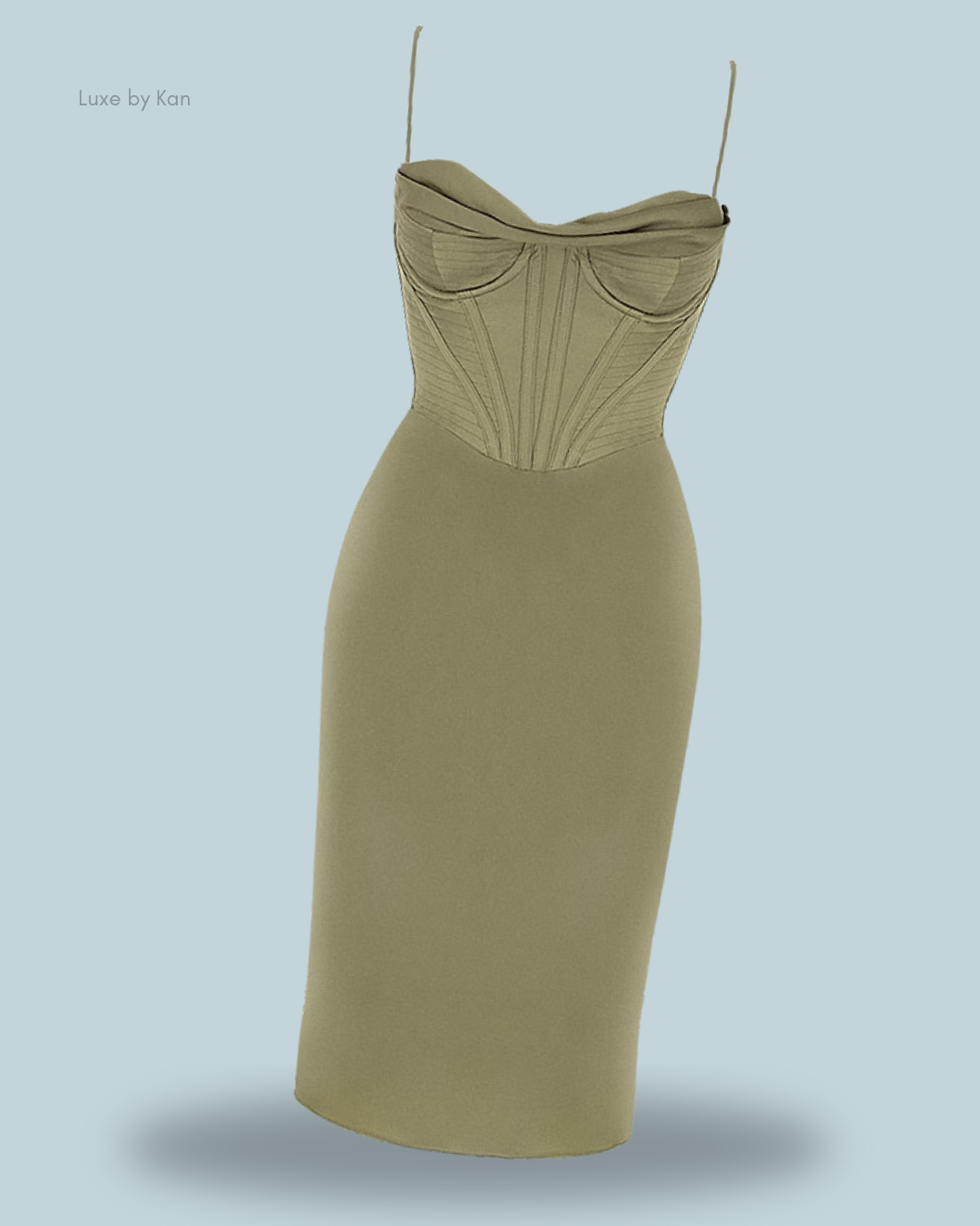 Olive green myrna crystal satin corset midi dress with a sweetheart neckline and intricate bodice detailing.