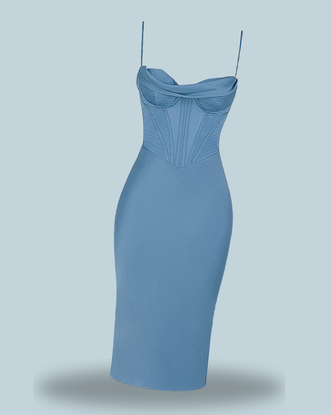 A form-fitting blue Myrna crystal satin corset midi dress featuring a cowl neckline, structured bodice, thin straps, and a flattering bodycon silhouette.