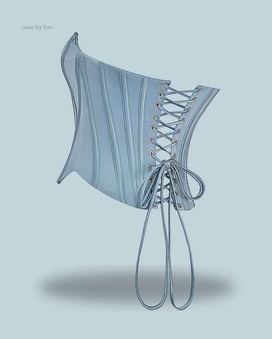 House of CB Nastassia Cool Blue embellished satin corset featuring vertical stripes and intricate lace-up detailing at the back for a striking, structured look.