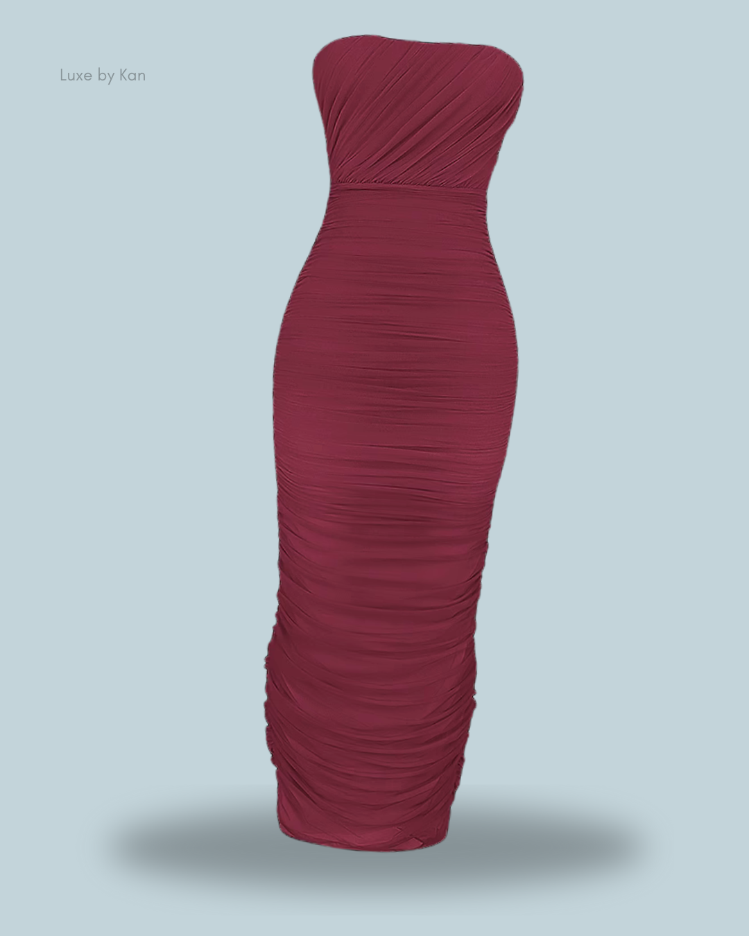 House of CB Sapphire Wine gathered maxi dress with elegant ruching, featuring a fitted silhouette and stylish draping for a sophisticated look.