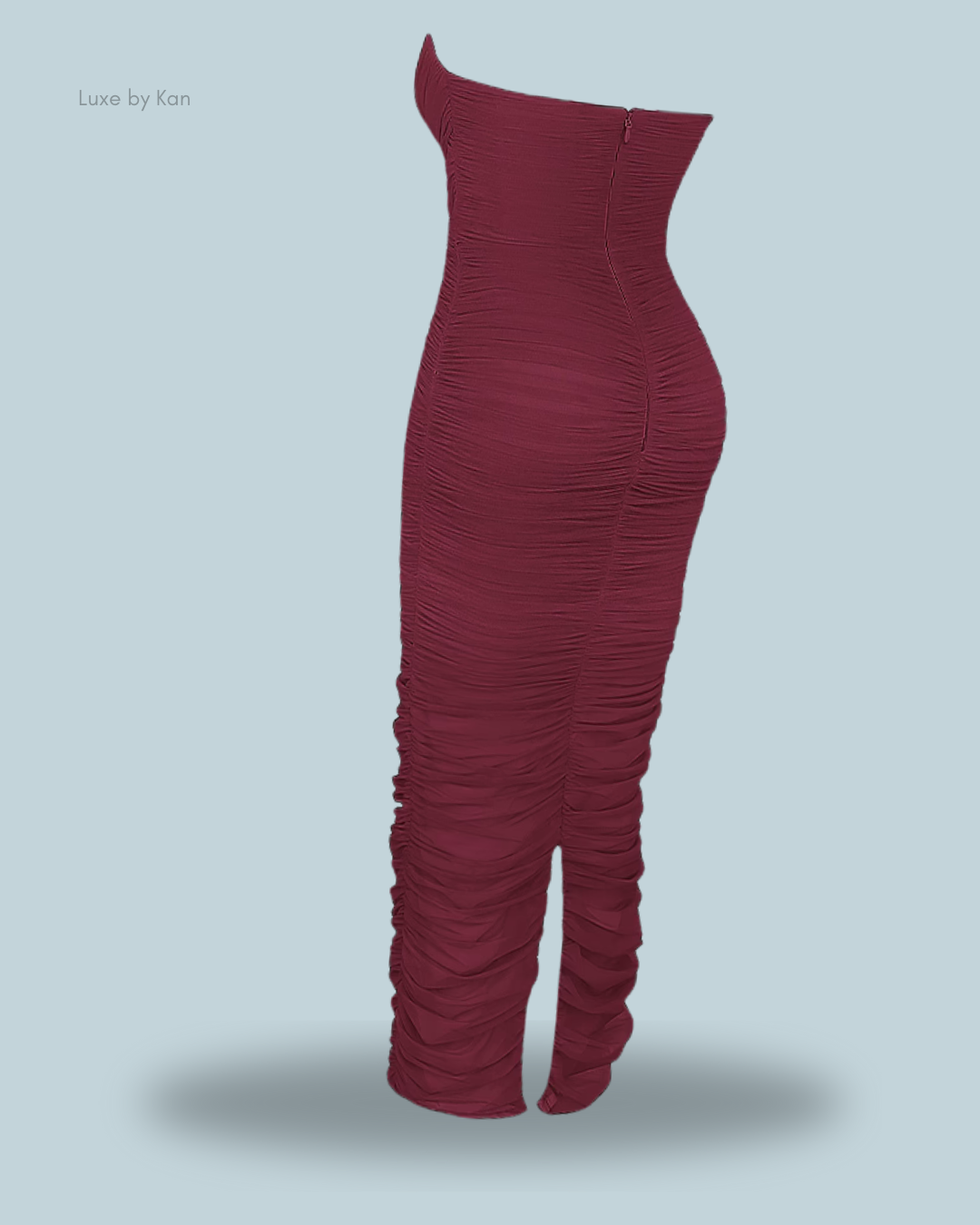 A burgundy sapphire wine gathered maxi dress with ruched detailing, featuring an off-the-shoulder design and a zipper closure at the back.