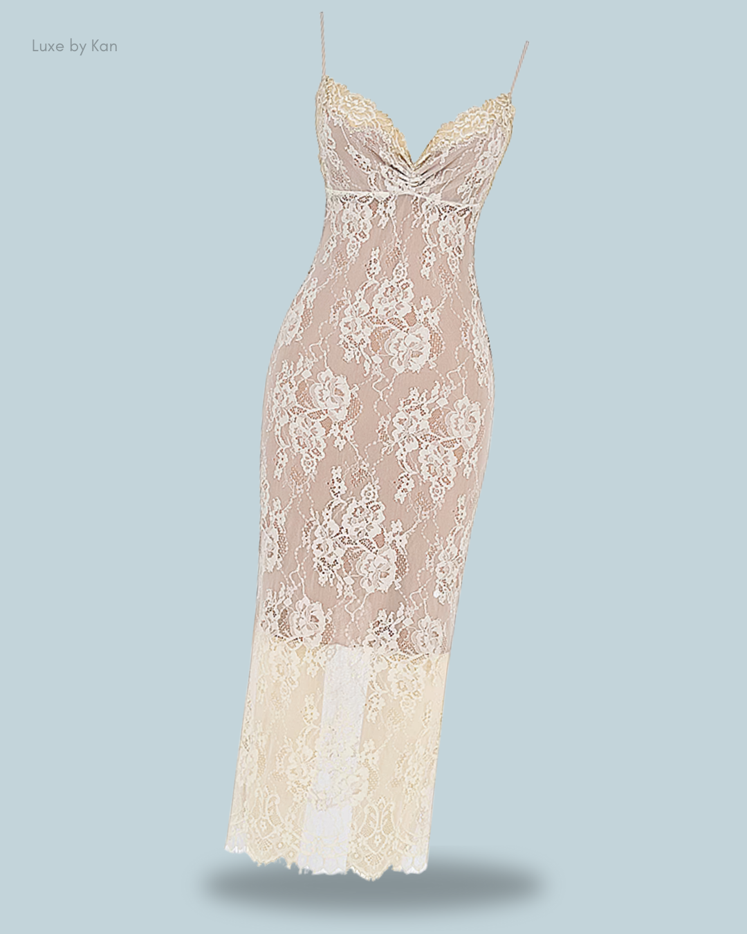 House of cb serelle antique ivory lace maxi dress in beige with delicate floral patterns, featuring thin straps and a classy hemline.
