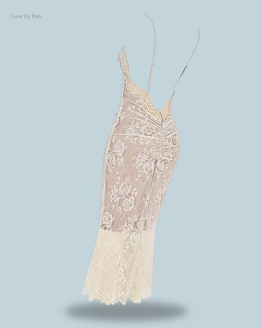 House of cb serelle antique ivory lace maxi dress with a fitted silhouette, delicate straps, and a flared hem.