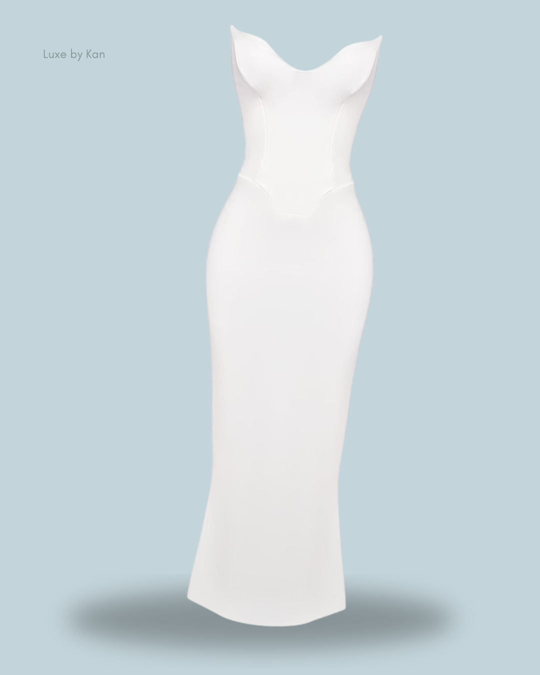 A sleek, white House of CB Tamara Ivory strapless corset dress featuring a sweetheart neckline and a form-fitting silhouette.