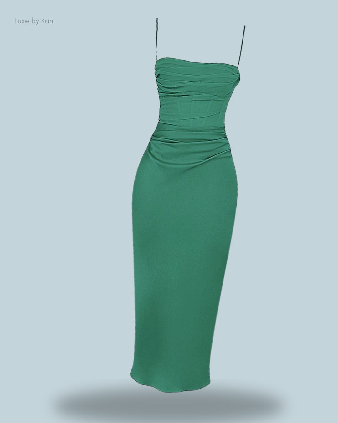 A sleeveless, fitted green House of CB Teia draped corset midi dress featuring gathered detailing, a structured bodice, and thin straps for a refined silhouette.