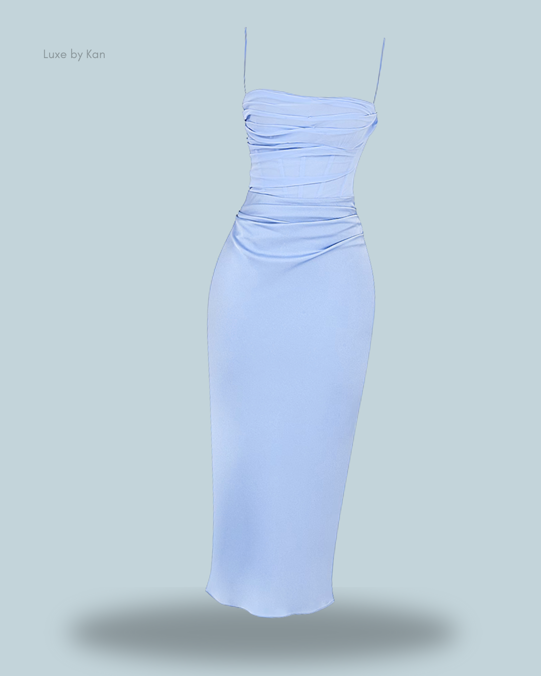 Light blue House of CB Teia draped corset midi dress featuring adjustable spaghetti straps and elegant gathered detailing on the bodice.