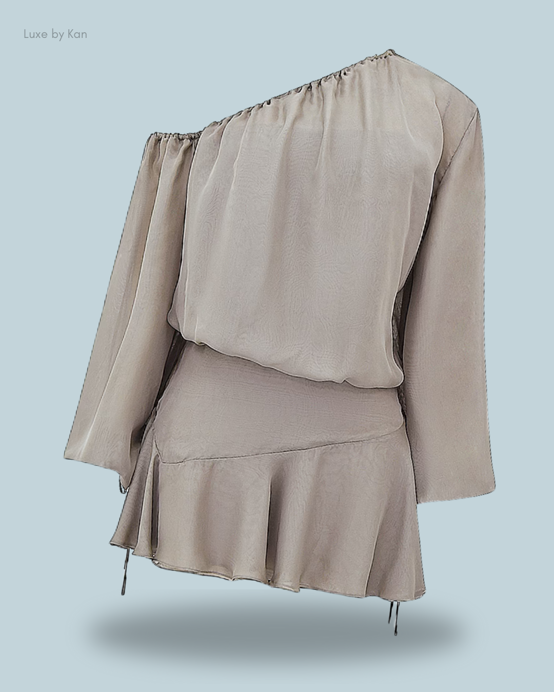 A stylish House of cb wilhelmina ash green off shoulder dress with a flared hem and long sleeve, featuring drawstring details for an adjustable fit.