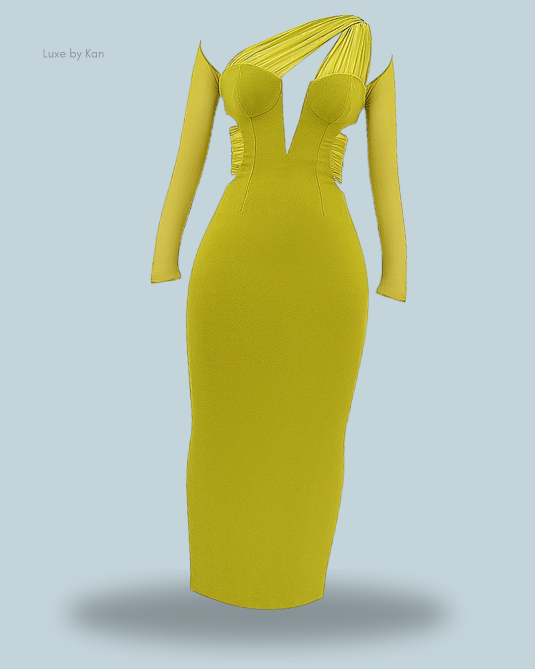 A striking yellow Zahra plunge maxi dress featuring a deep neckline, long sleeves, and a unique pleated detail along the neckline.
