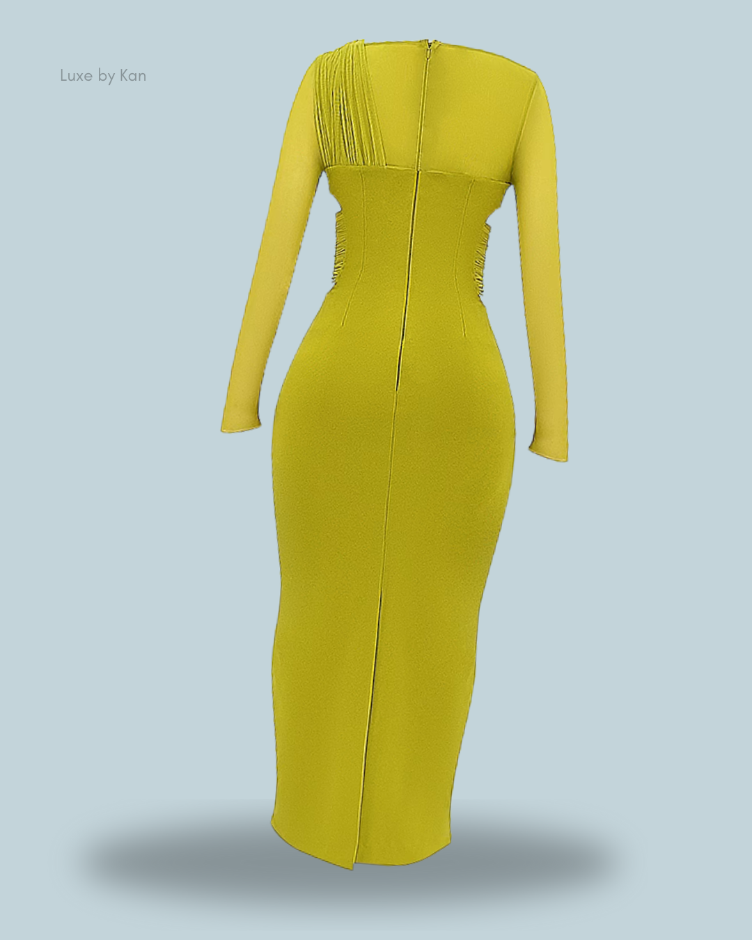 A vibrant yellow House of CB Zahra plunge maxi dress featuring a fitted silhouette and textured detailing along the back.