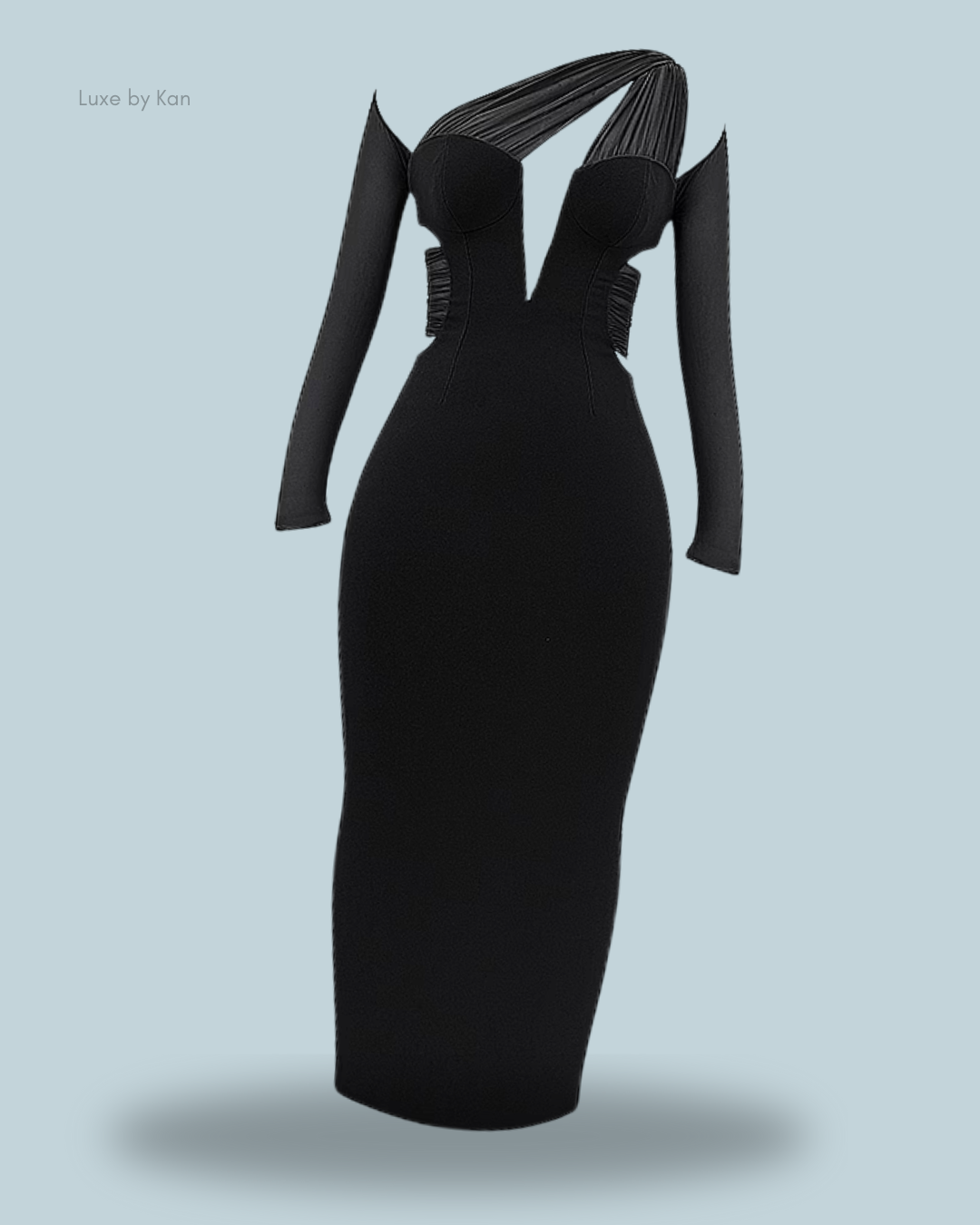 Black House of CB Zahra plunge maxi dress featuring a deep V-neckline, asymmetrical shoulder design, and a fitted silhouette that embodies modern couture.
