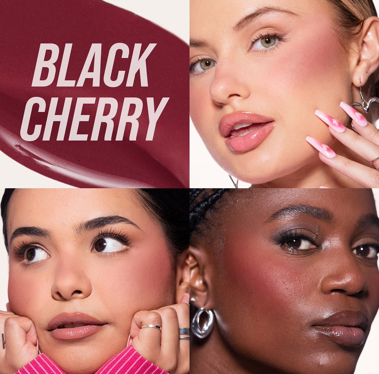 A bold lipstick color labeled "Black Cherry" against a textured background, featuring hands and jewelry in a stylish display.