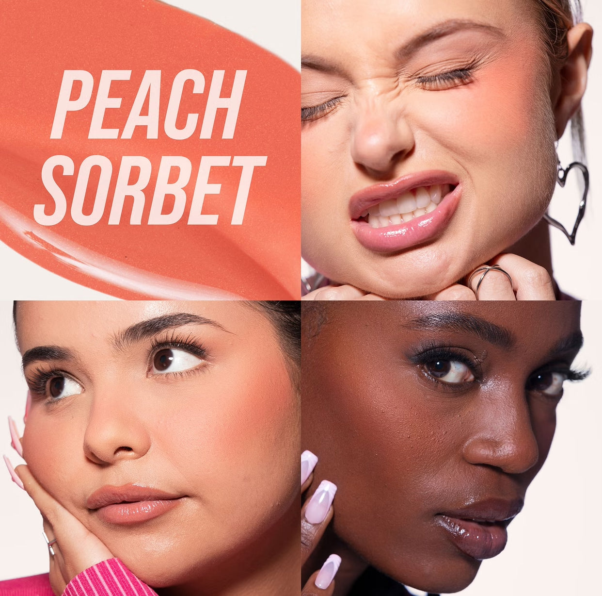 A vibrant makeup product labeled "Peach Sorbet" prominently displayed in a visually striking arrangement.