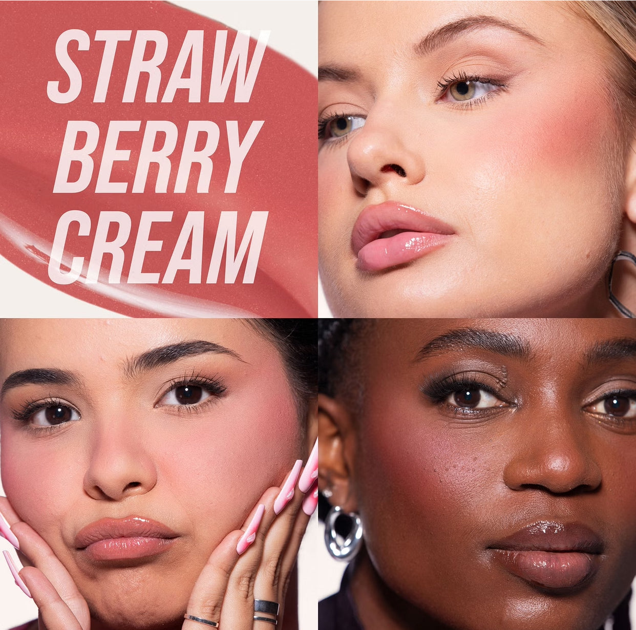 A vibrant advertisement features the text "Strawberry Cream" against a rich, pink backdrop, highlighting a beauty product.