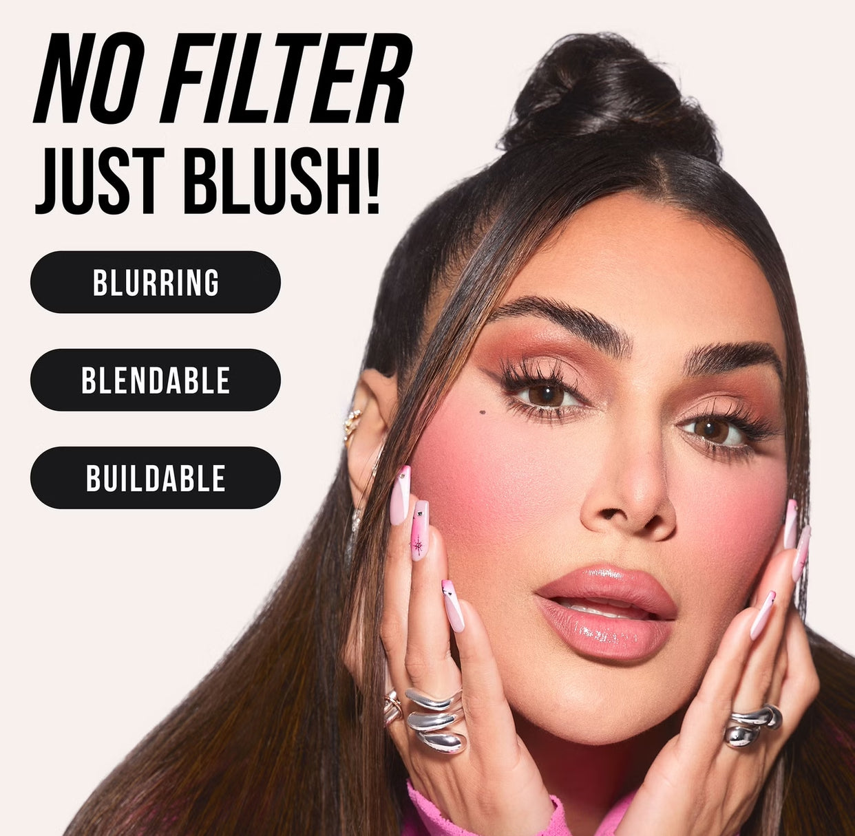 A model showcases vibrant blush with text highlighting its blurring, blendable, and buildable qualities.