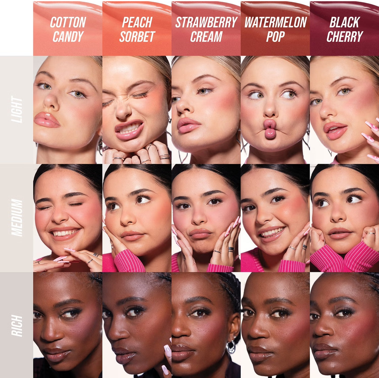 A color swatch grid featuring five lipstick shades labeled: Cotton Candy, Peach Sorbet, Strawberry Cream, Watermelon Pop, and Black Cherry.
