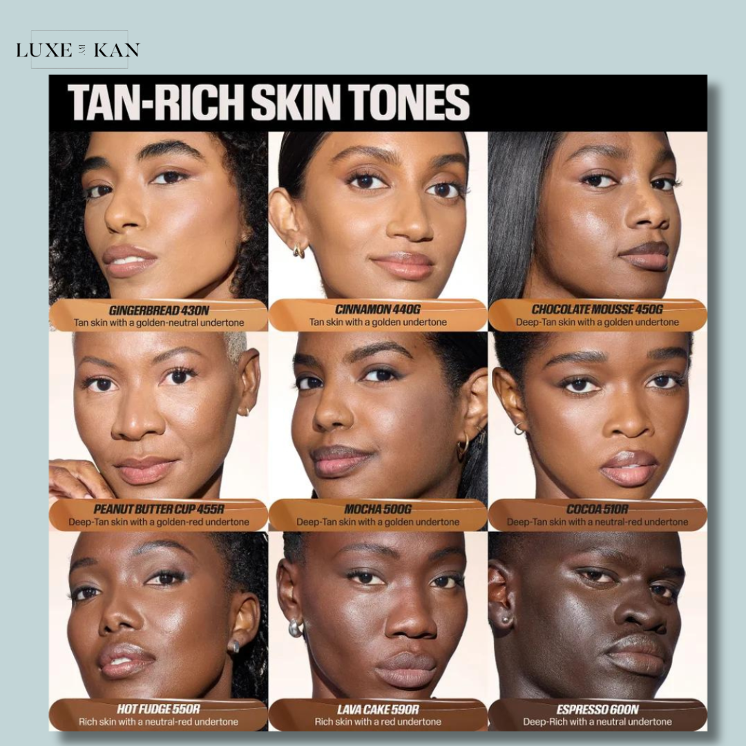 A diverse range of tan-rich skin tone swatches displayed on a light blue background, showcasing various undertones and descriptions.