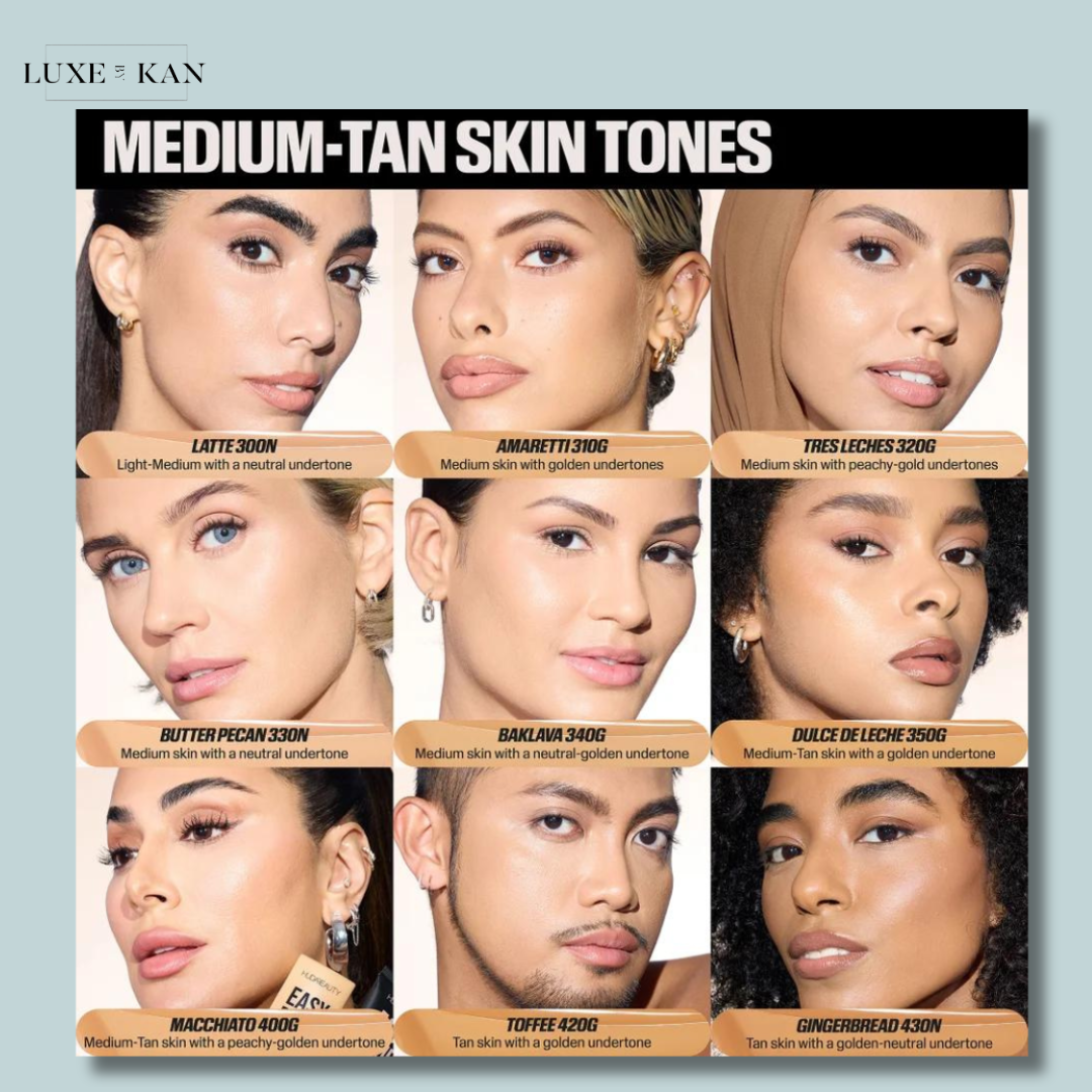 A grid showcasing various medium tan skin tones, with detailed descriptions of undertones and highlighting complementary earrings.