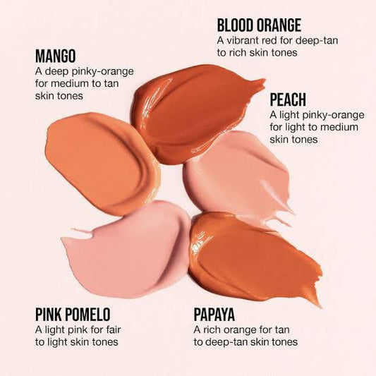 Color swatches for a range of skin tones: Mango, Blood Orange, Peach, Pink Pomelo, and Papaya with descriptive text for each shade.