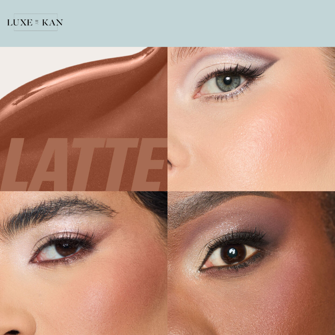 A collage featuring various shades of bronze makeup products, highlighting a glossy texture against a light background.