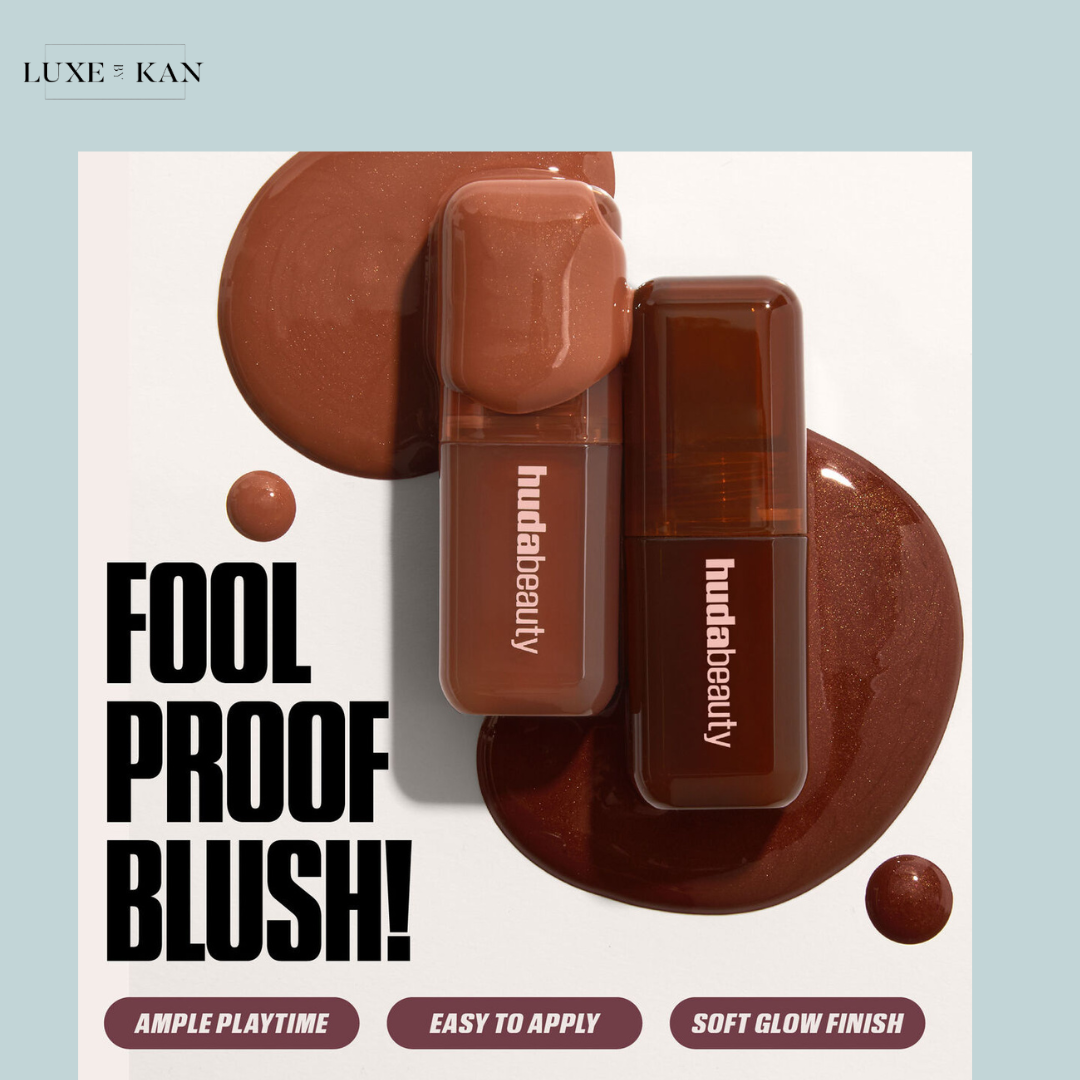 Two Huda Beauty blush products displayed on a white background, accompanied by text highlighting their easy application and soft glow finish.