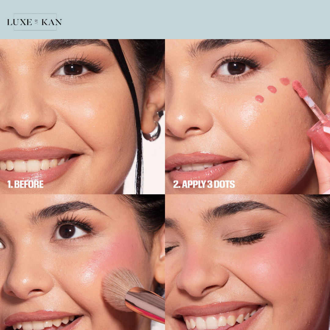 A makeup brush applies blush to a woman's cheek, showcasing a radiant, glowing complexion with a soft smile. Step-by-step beauty tutorial.