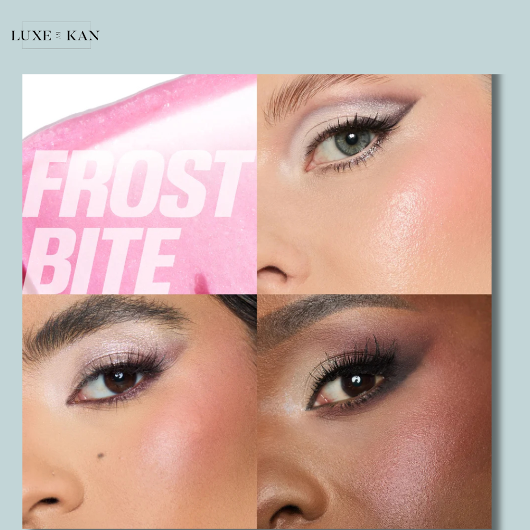 A close-up of a pink, textured fabric featuring the word "FROST BITE" in bold white letters, with a soft, blurred background.