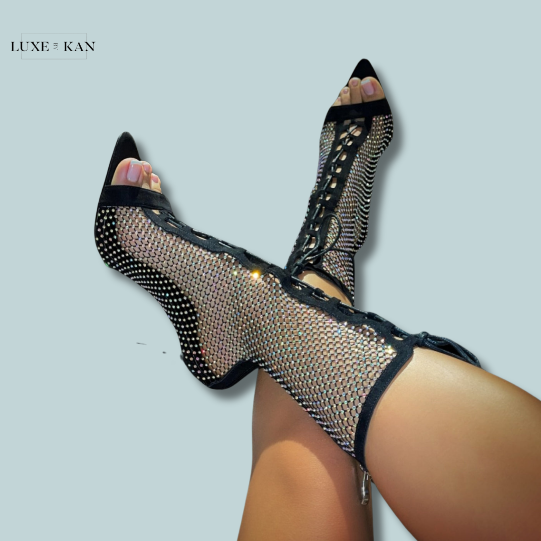 Fishnet Sock Heels Sparkle High Heels Over-the-Knee Boots: Women's