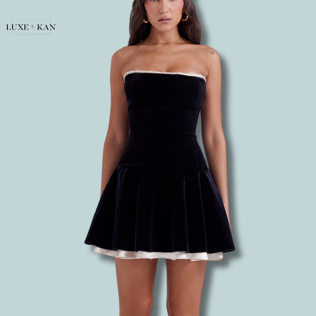 Black velvet strapless dress best sale