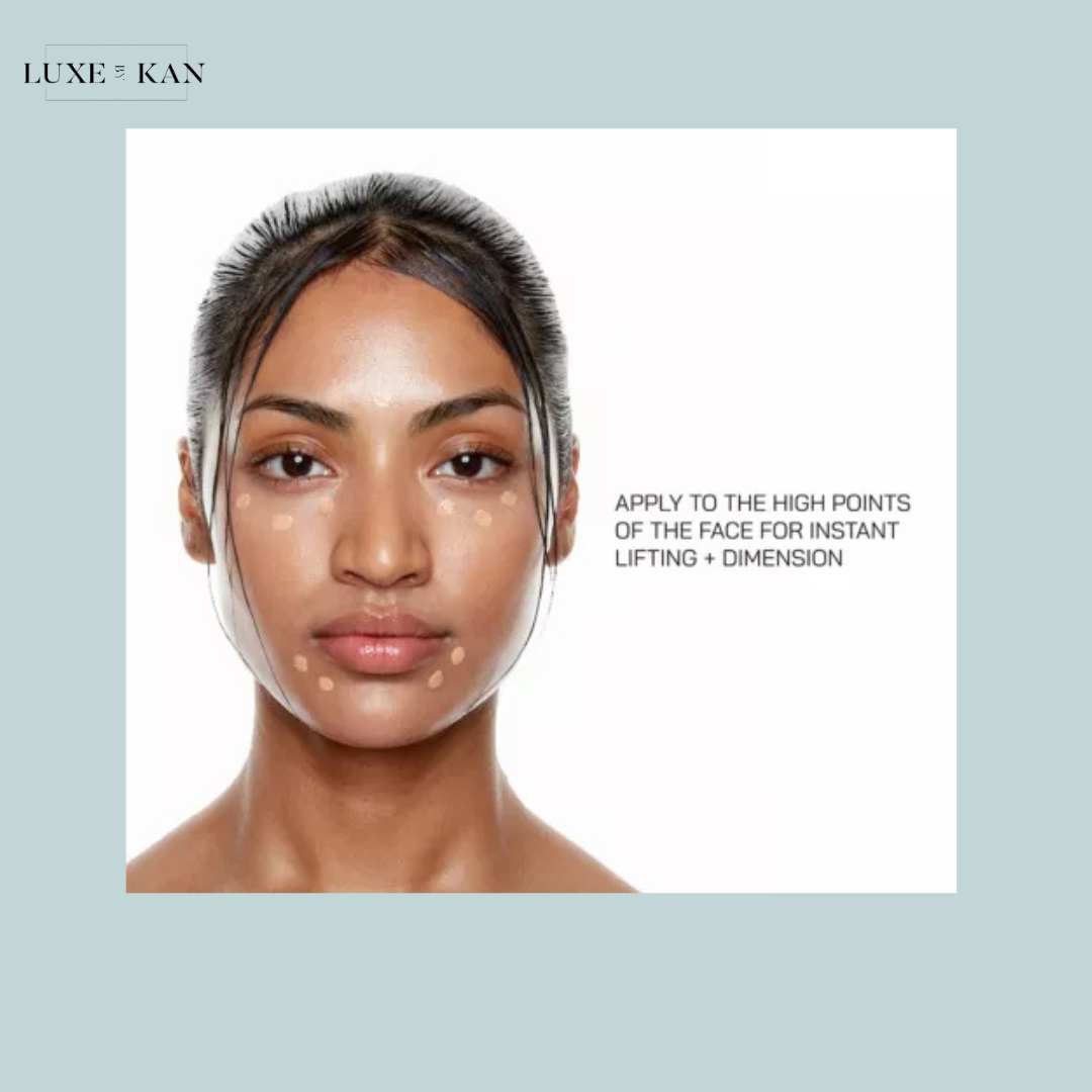 A model showcases a beauty product with instructions to apply for lifting and dimension, set against a clean, bright background.