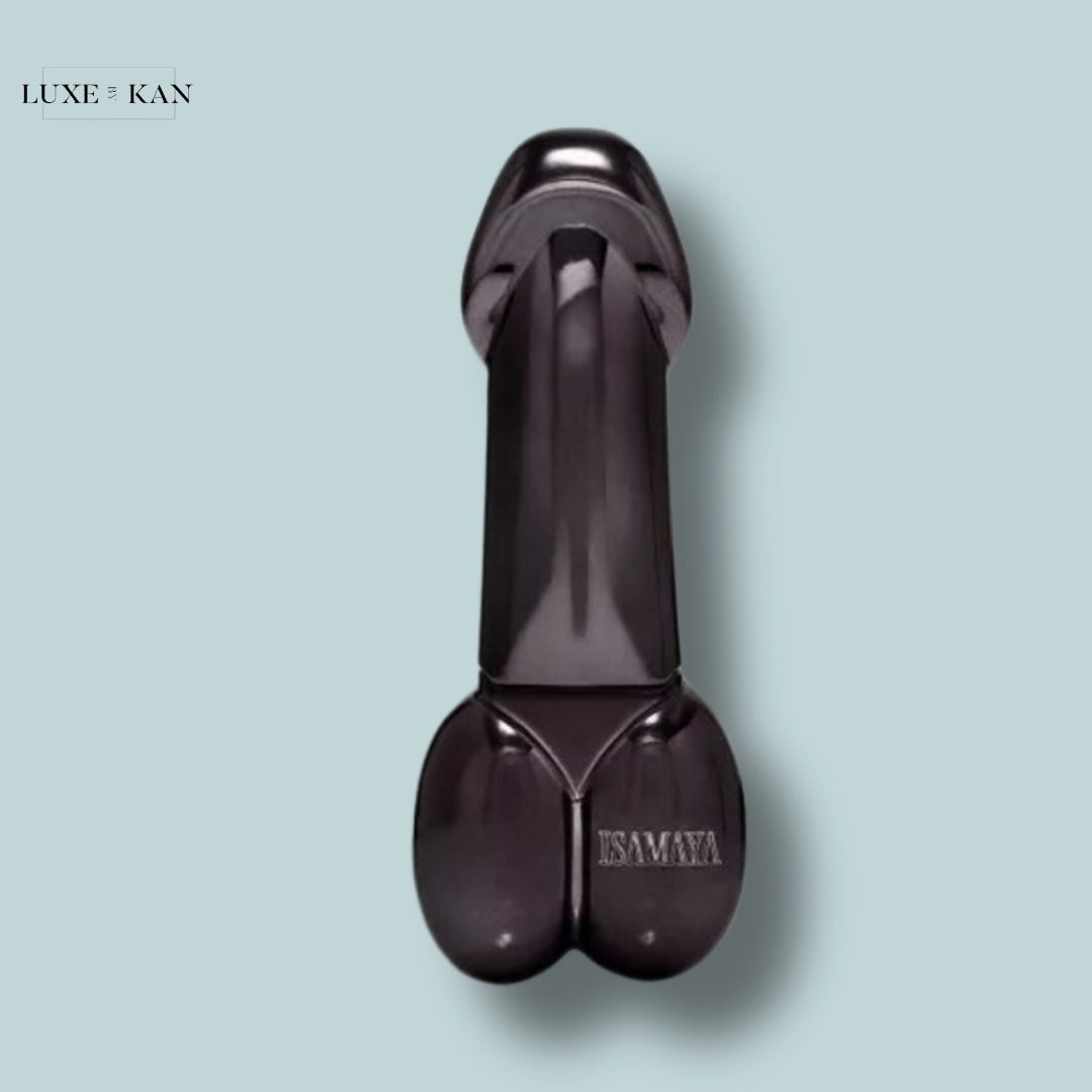 A sleek, dark-colored accessory resembling a phallic shape with rounded balls.