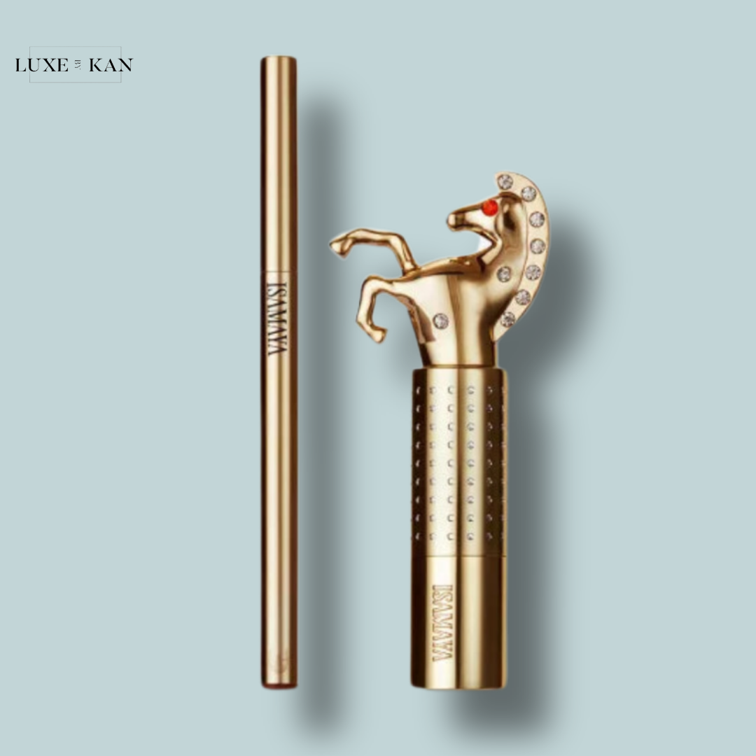 A luxurious gold horse-shaped pen holder with a matching gold pen, featuring intricate details, on a soft blue background.