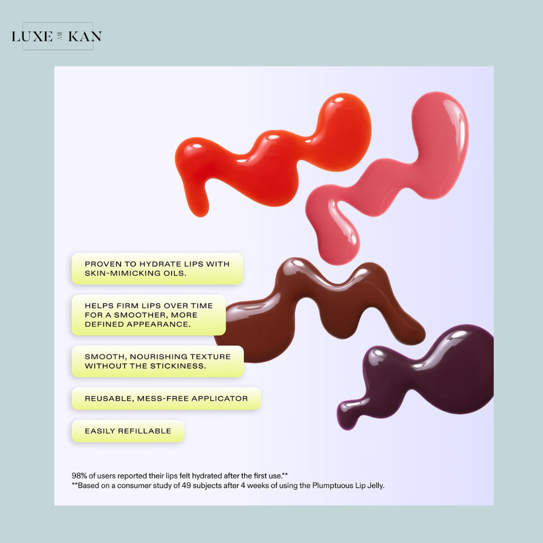 Colorful lip jelly swatches alongside product claims highlighting hydration, firming, and a mess-free applicator.