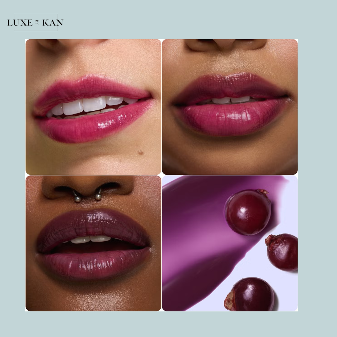 A vibrant lip color is showcased alongside fresh, deep burgundy vegetables, creating a luxurious aesthetic.