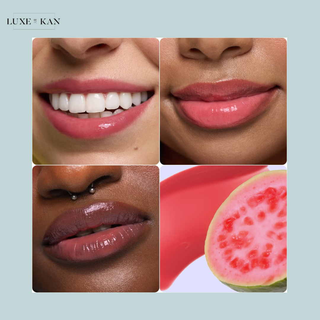 A collage featuring close-up shots of diverse smiling lips, a watermelon slice, and lip gloss products.