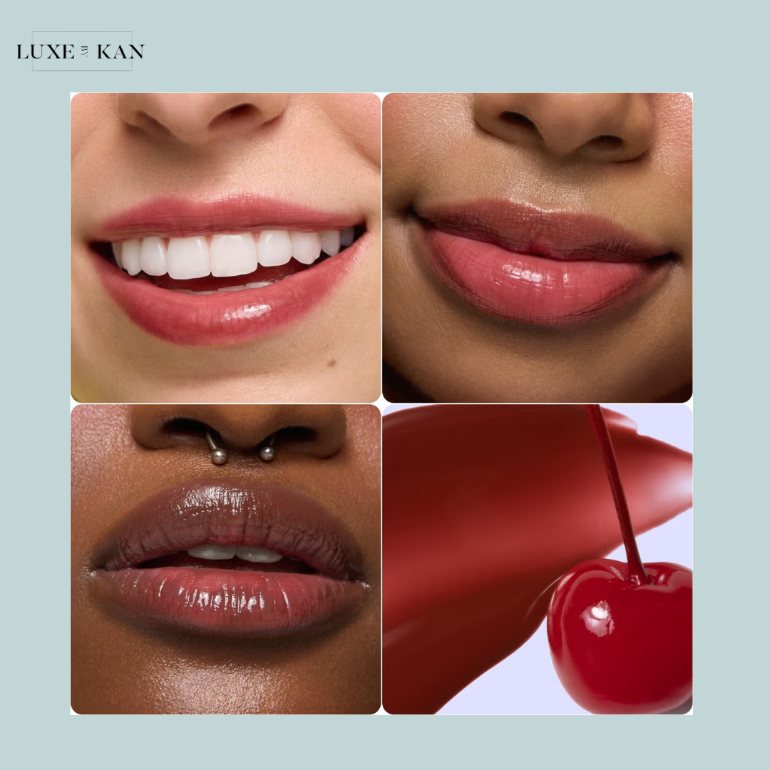 A collage showcasing glossy lips with a stunning smile, and a vibrant cherry dripping with red liquid.