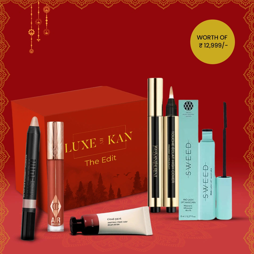 LBK makeup set featuring Yves Saint Laurent Touche Éclat, SWEED mascara, Airbrush concealer, and more, valued at ₹12,999.