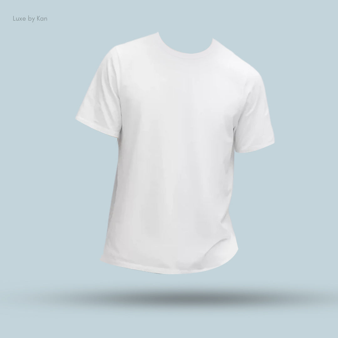 A plain white t-shirt displayed floating against a soft blue background, showcasing its simple design and relaxed fit.