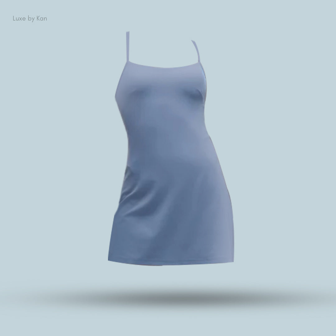A light blue Lululemon Align™ Cami Strap Dress with thin straps, highlighting its smooth fabric and elegant silhouette.