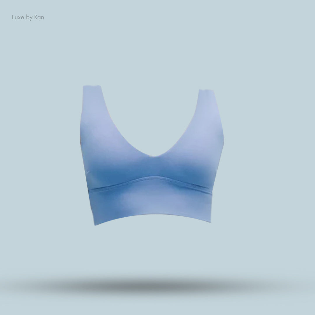Light blue Lululemon Align™ V-Neck Bra with light support for C/D cups, featuring a deep V-neckline, smooth fabric, and a minimalistic design.
