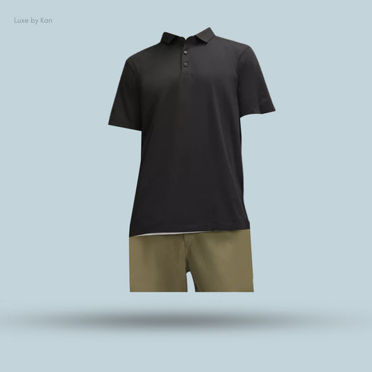 A black Lululemon Pace Breaker Linerless Short 5" is displayed above olive shorts, highlighting a relaxed, casual outfit.