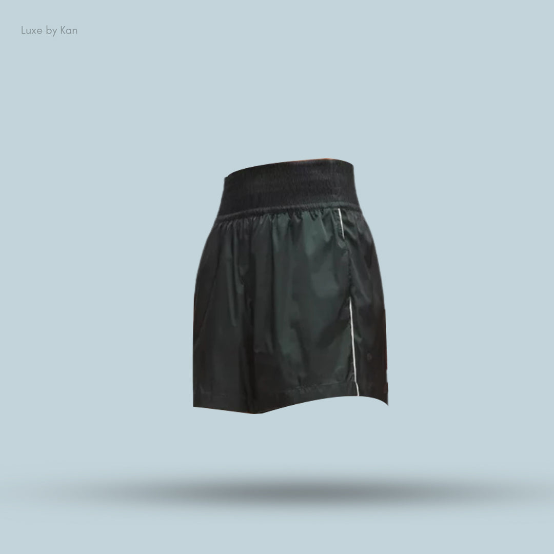 Black Lululemon Stretch Satin Nylon Super-High-Rise 5" Shorts, featuring an elastic waistband and white side piping.