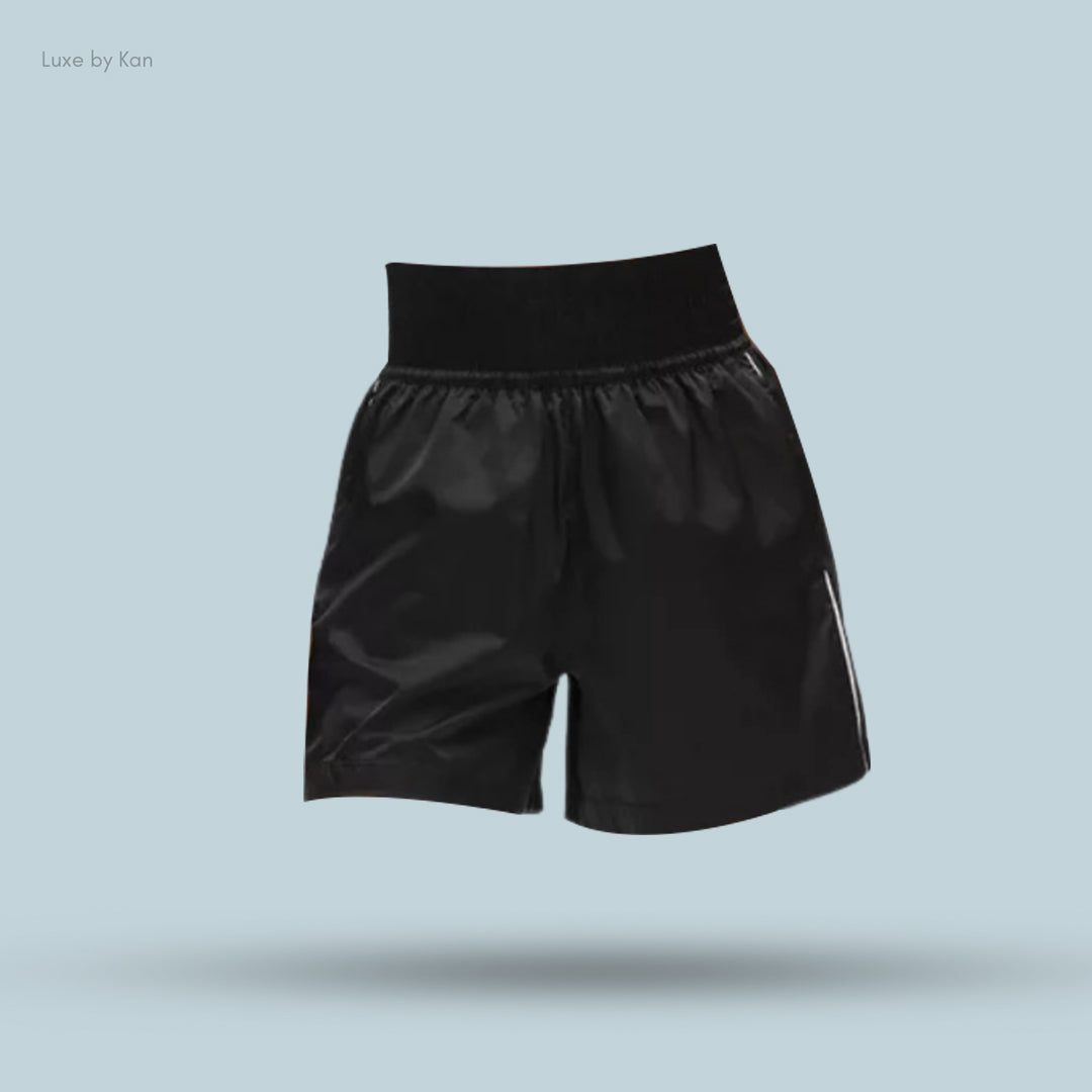 Lululemon Stretch Satin Nylon Super-High-Rise 5" Shorts, designed with a stretchy waistband for comfort and ease of movement.