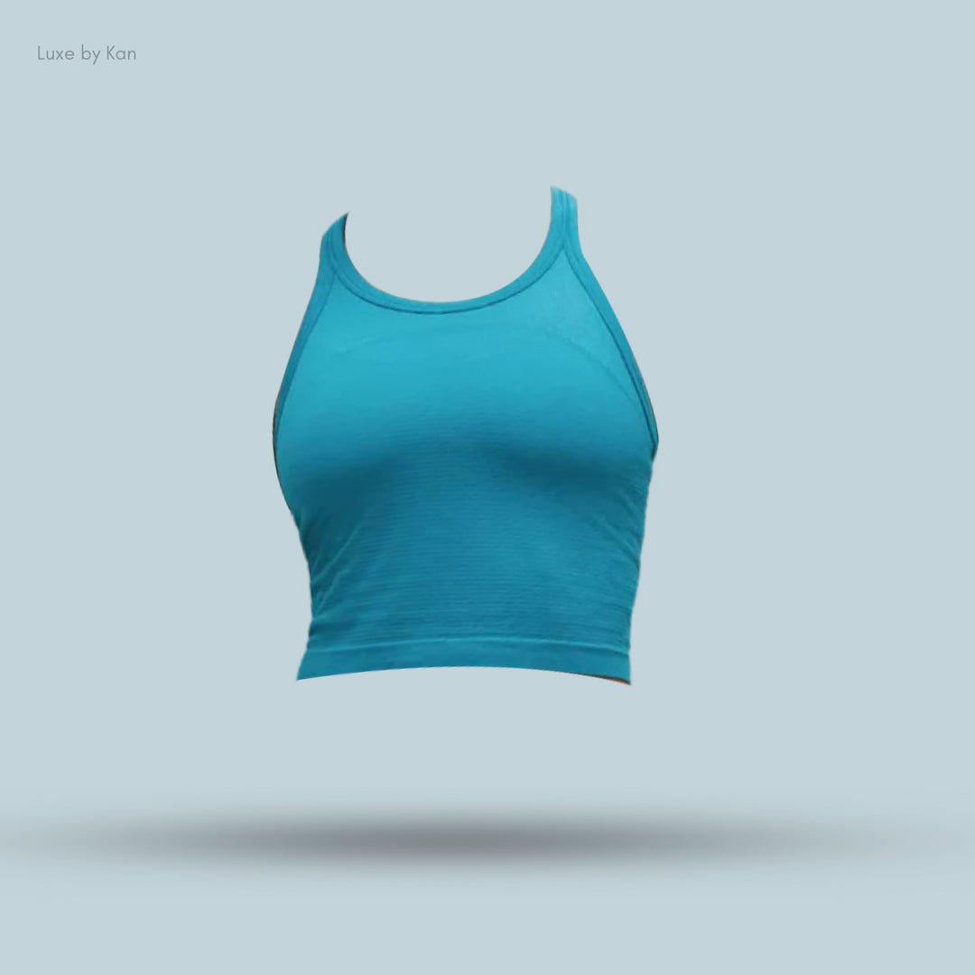 A stylish Lululemon Swiftly Tech Cropped Racerback Tank Top 2.0, highlighting its sleek design and rounded neckline.