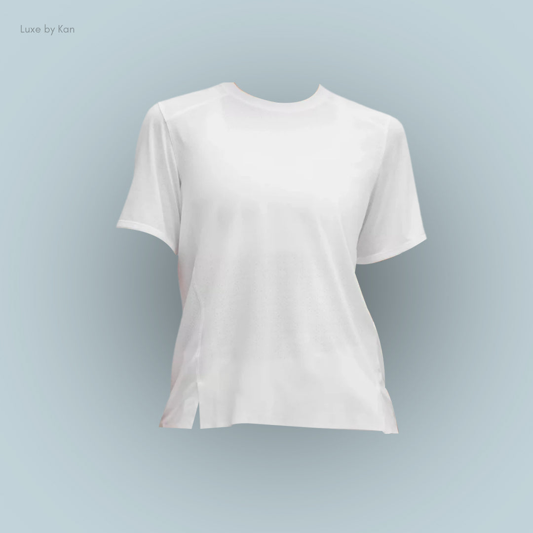 A simple white short-sleeve t-shirt, showcasing a clean and minimal design.