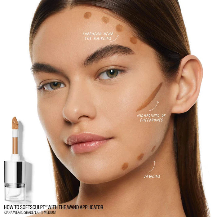 A close-up of a woman's ear and neck, with a makeup applicator and product labeled "How to SoftSculpt®" beside her.