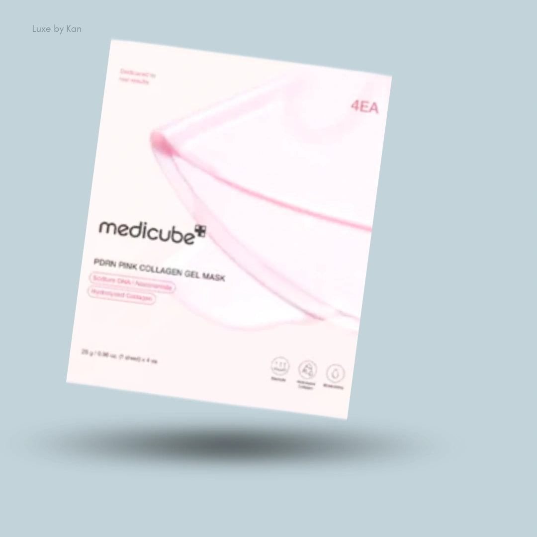 A white Medicube Salmon PDRN Pink Collagen Gel Mask box on a light blue background with a soft shadow underneath the box.